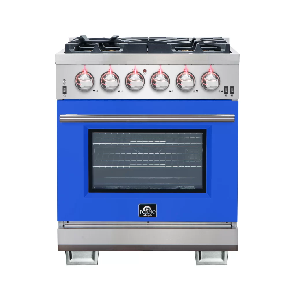 Capriasca 30-Inch Freestanding Gas Range, 4 Burners, True Convection Oven, Blue Door